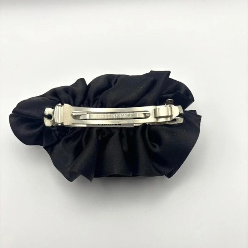 Vintage Made in France Black Ruffled Satin Peony Floral Style Hair Clip Barrette